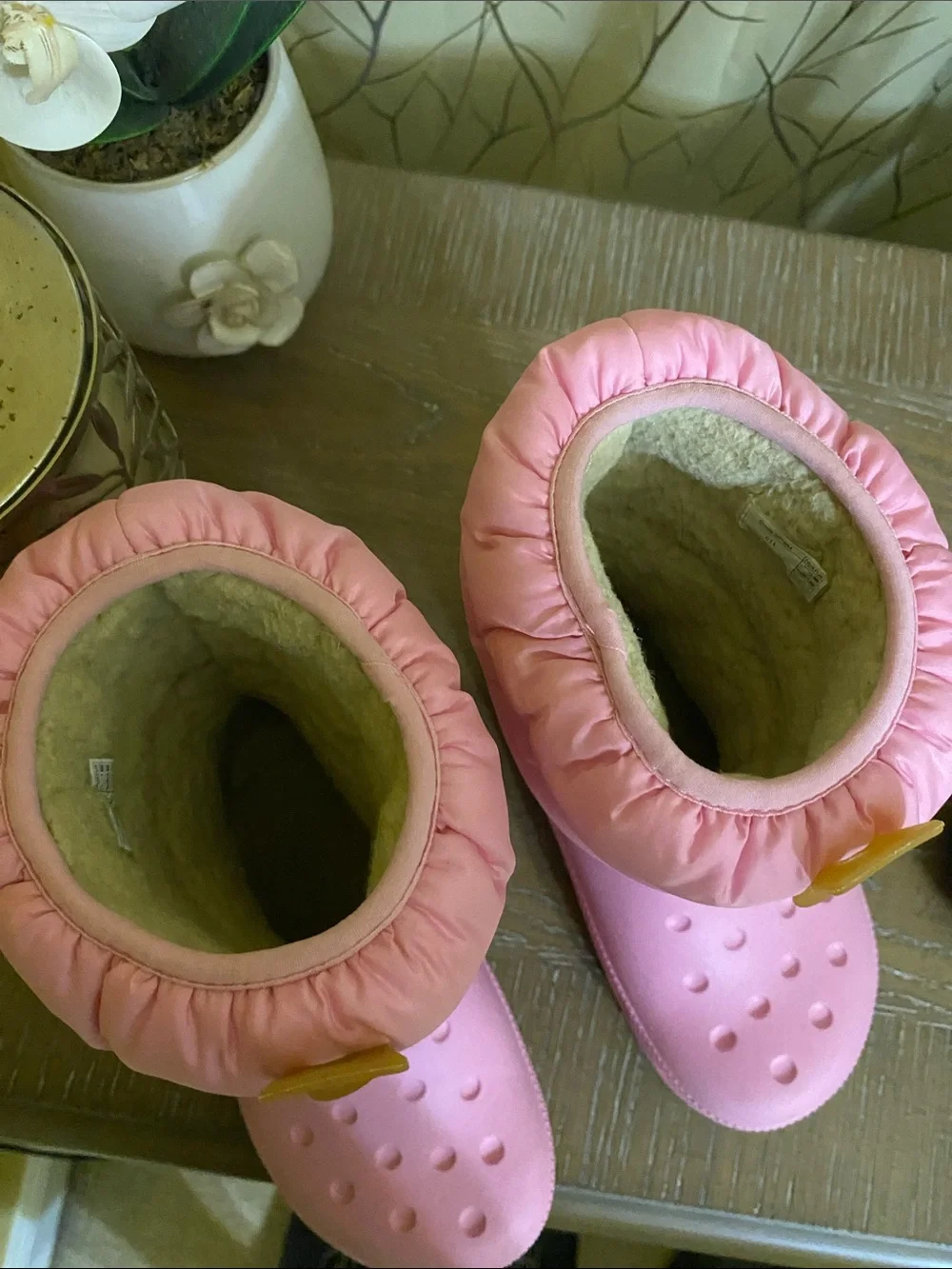 CROCS Kids Puffy Pink Snow Boots with Tan Pull Tabs